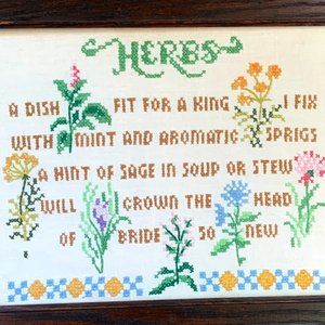 VTG Herbs Poem Cross Stitch Framed Embroidery Kitchen Cottage Farmhouse Art